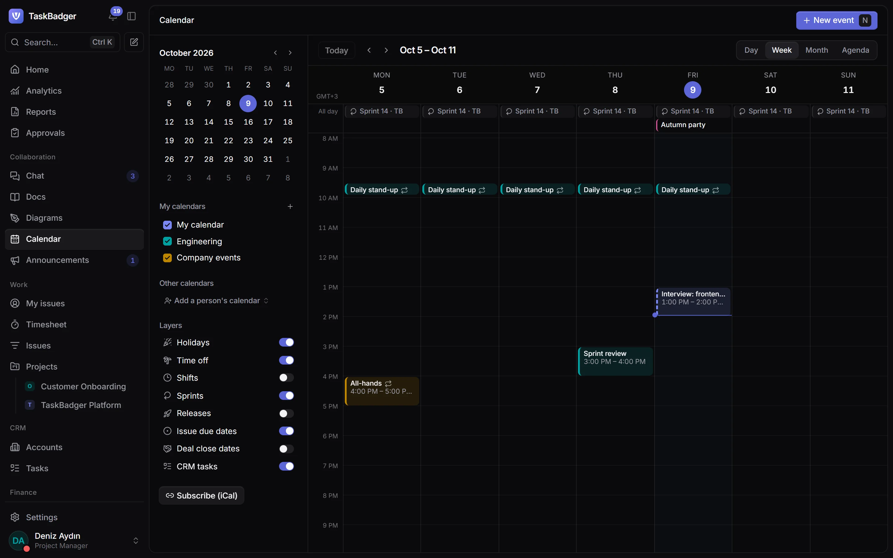 The team calendar for the week