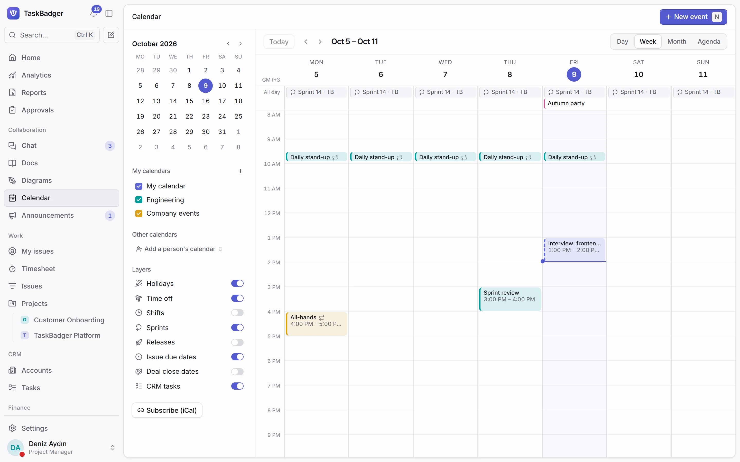 The team calendar for the week