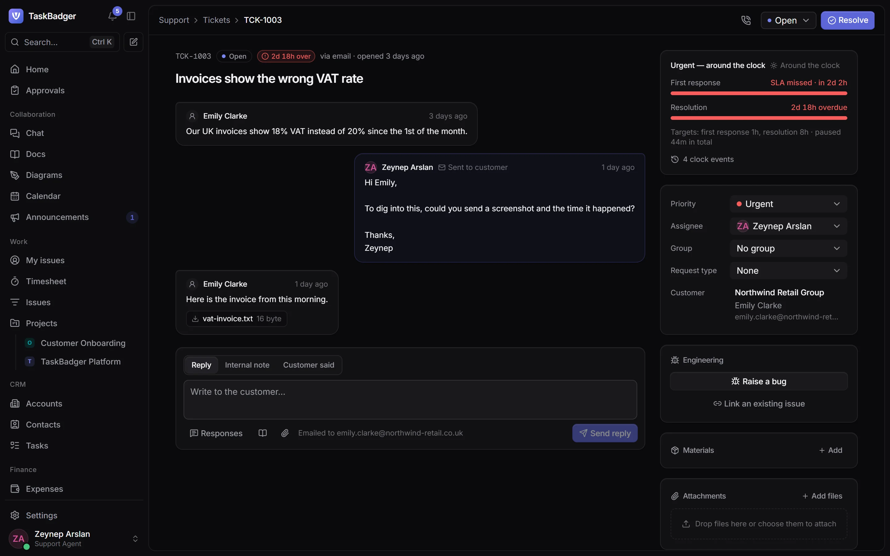 A support ticket with its SLA and conversation