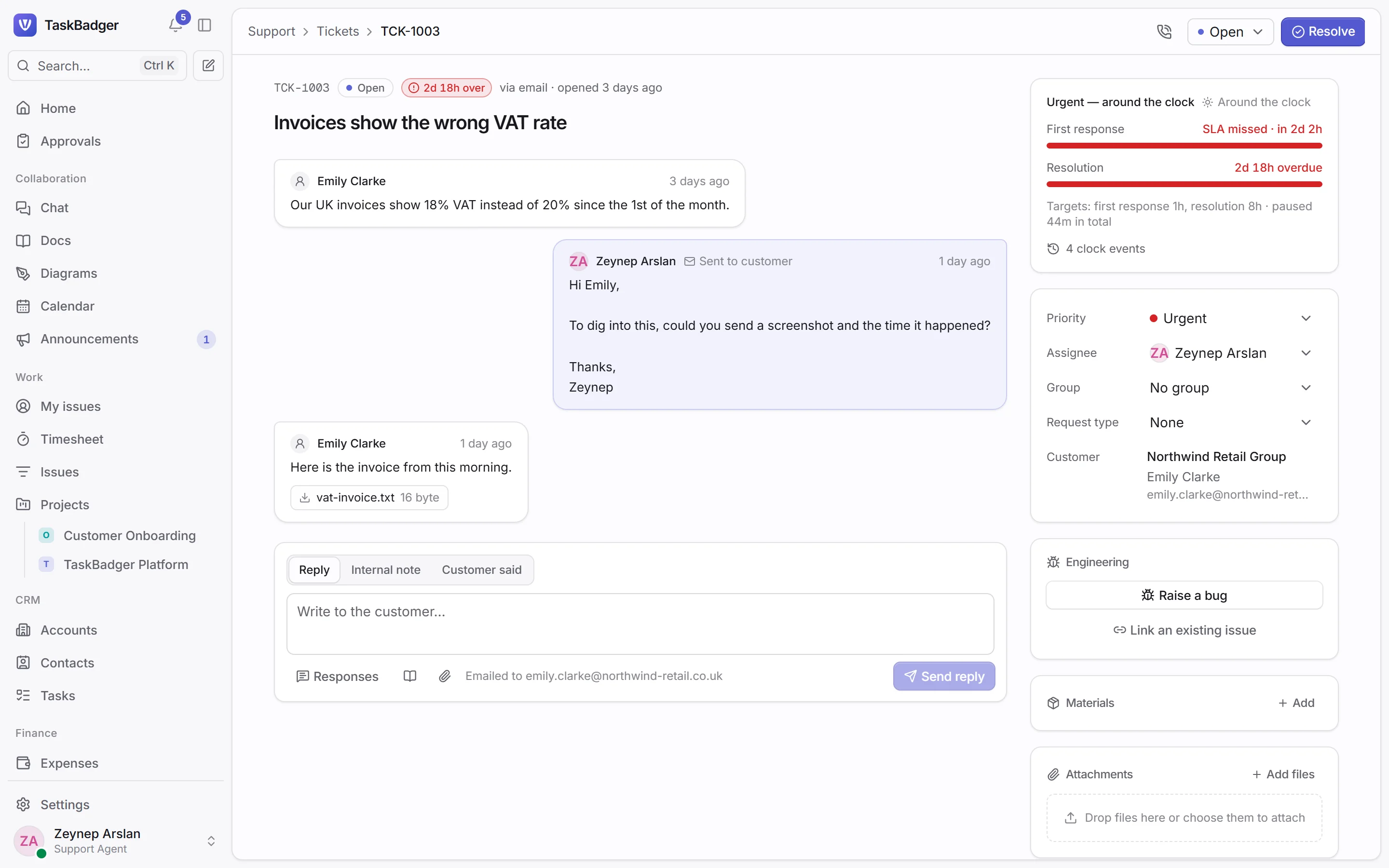 A support ticket with its SLA and conversation
